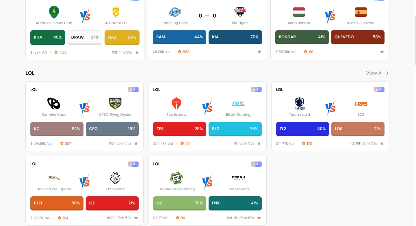 A prediction-markets platform: match cards with live odds for football, baseball, tennis and esports (client name withheld)